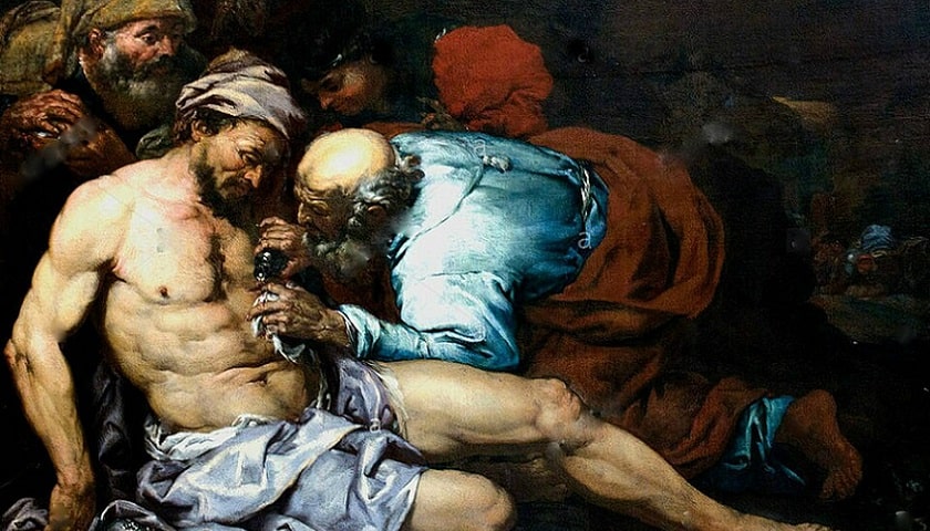 Obra: "O bom samaritano" (entre 1660 e 1665), por Giovan Battista Langetti (1625 – 1676).