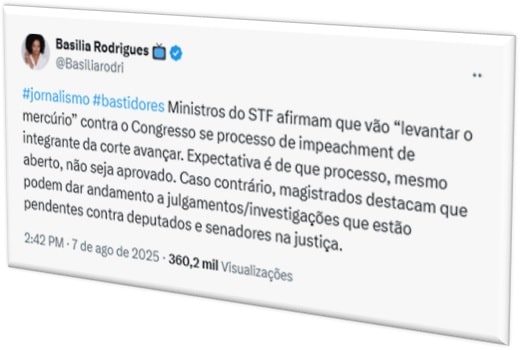 Ministros do STF afirmam que vão “levantar o mercúrio” contra o Congresso se processo de impeachment de integrante da corte avançar. Expectativa é de que processo, mesmo aberto, não seja aprovado. Caso contrário, magistrados destacam que podem dar andamento a julgamentos/investigações que estão pendentes contra deputados e senadores na justiça.