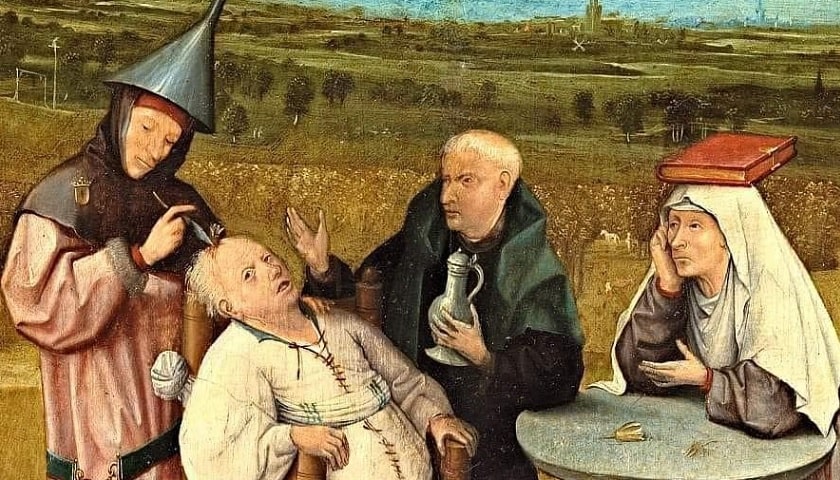 Obra: "A Extração da Pedra da Loucura" (1475 - 1480), de Hieronymus Bosch (1450 - 1516).