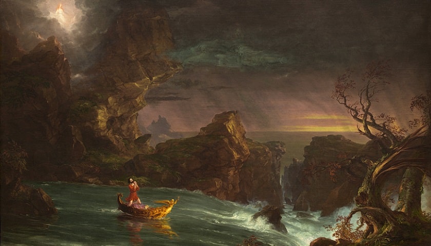 Obra: "Manhood" (1842), de Thomas Cole (1801 - 1848). Esta é uma das quatro paisagens da sequencia intitulada: "The Voyage of Life".