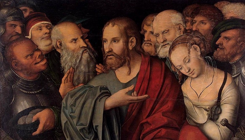 Obra: "Jesus Cristo e a mulher apanhada em adultério" (após 1532), de Lucas Cranach, o Jovem (1515 – 1586).