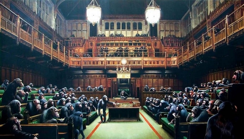 Obra: "Monkey Parliament" (2009), por Banksy.