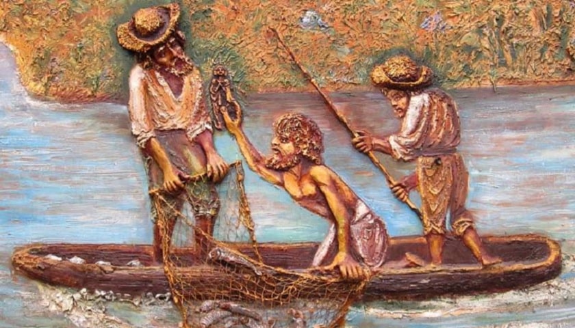 A cena retrata a pesca milagrosa de 1717, quando três pescadores (João Alves, Filipe Pedroso e Domingos Garcia) encontraram a imagem de Nossa Senhora Aparecida no rio Paraíba do Sul.