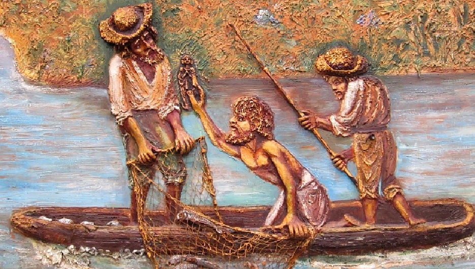 Retrato do momento em que Nossa Senhora Aparecida foi encontrada pelos pescadores nas águas do Rio Paraíba do Sul