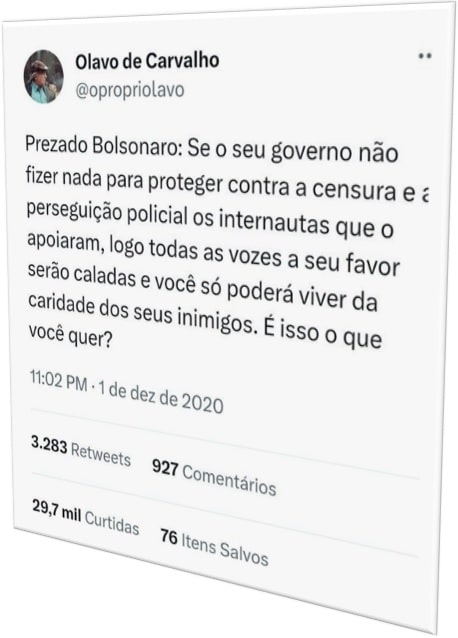 “Prezado Bolsonaro, Se o seu governo não fizer nada para proteger contra a censura e a perseguição policial os internautas que o apoiaram, logo todas as vozes a seu favor serão caladas e você só poderá viver da caridade de seus inimigos. É isso que você quer?”