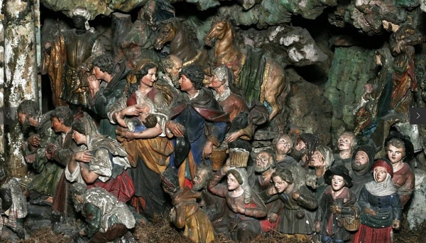 Recorte 06: Presépio da Capela de Nossa Senhora da Glória e São Gens, mais conhecida como Capela de Nossa Senhora do Monte, situada em Lisboa, Portugal. A obra data do século XVIII (meados do século de 1700) e é tradicionalmente atribuída ao célebre escultor barroco António Ferreira, um dos mais notáveis mestres portugueses na arte dos presépios.