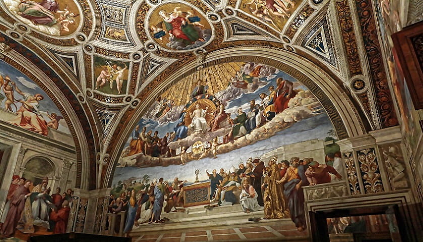 Obra: "A Disputa do Santíssimo Sacramento" (1509–1510). Primeira parte da encomenda feita a Rafael para a decoração em afrescos das salas hoje conhecidas como Salas de Rafael (Stanze di Raffaello), no Palácio Apostólico do Vaticano.