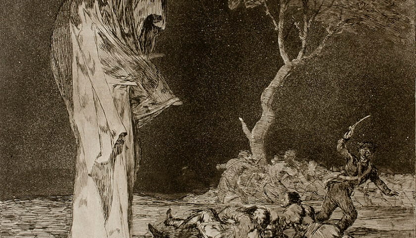 Recorte da gravura Los Disparates (Disparate nº 2, publicada em 1864), de Francisco de Goya (1746–1828). A obra integra a série Los Disparates — conjunto de gravuras concebidas entre aproximadamente 1815 e 1823 e publicadas postumamente — nas quais Goya explora, de forma alegórica e sombria, o medo, a violência e o exercício irracional do poder.