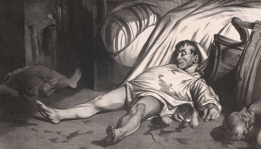 Obra: "Rue Transnonain, le 15 avril 1834" (1834), de Honoré Daumier (1808–1879).