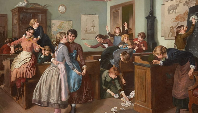 Obra: "Noise in the classroom" (1905), de Rudolf Geyling (1839–1904).