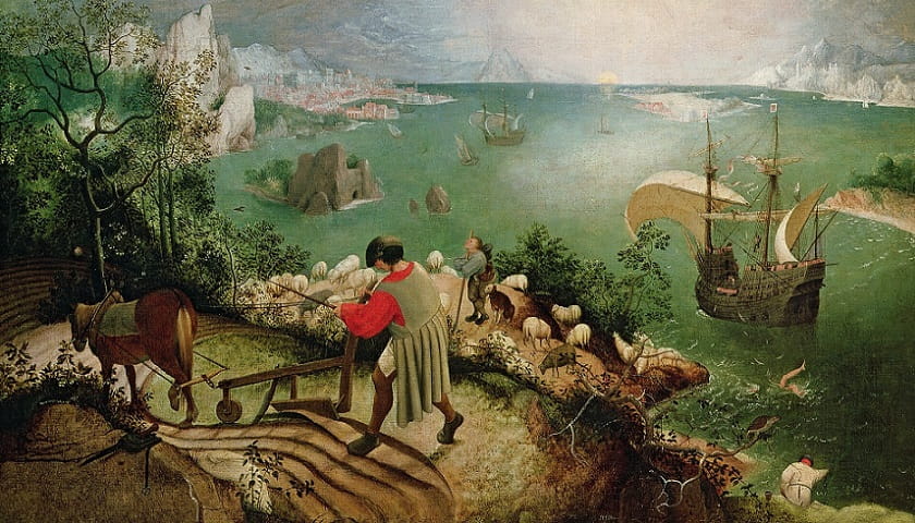 Recorte da obra: "Queda de Ícaro" (aprox. 1558), de Pieter Bruegel the Elder (1525/1530 – 1569).