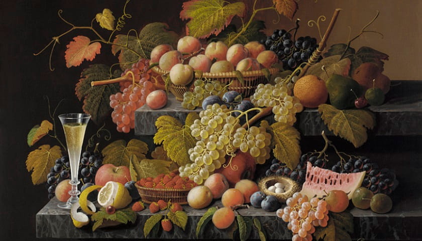 Recorte da obra: "Still Life with Fruit " (1855), de Severin Roesen (1815–1872).