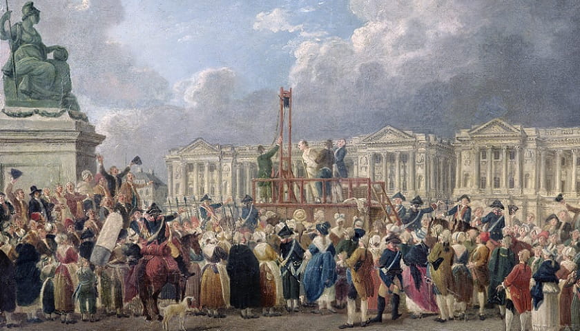 Recorte da obra: "Une exécution capitale, place de la Révolution" (aprox. 1793), de Pierre-Antoine Demachy (1723–1807).