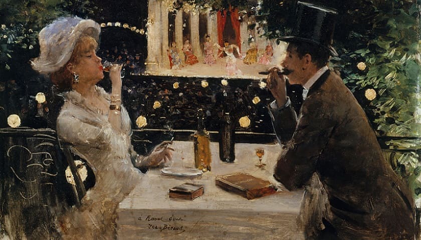 Recorte da obra: "Dîner aux Ambassadeurs" (c. 1880), de Jean Béraud (1849–1935).
