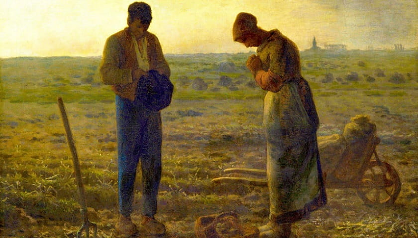 Recorte de reprodução da obra: "Angelus" (1858), de Jean-François Millet (1814-1875).