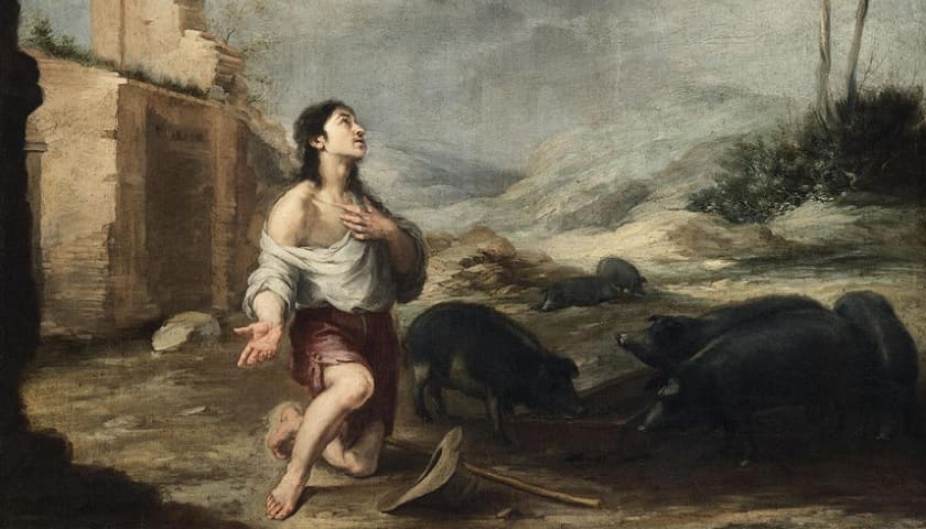 Recorte da obra: “O Filho Pródigo entre os Porcos” (c. 1660–1670), por Bartolomé Esteban Murillo (1617–1682).
