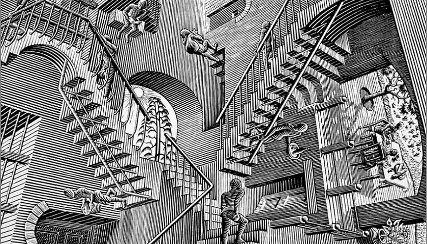 Recorte da obra: "Relatividade" (1953), de M. C. Escher.
