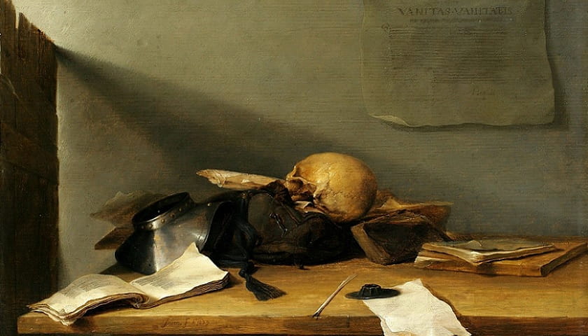 Recorte da obra: "Still life with books and skull" (1629), de Jan Davidsz. de Heem (1606–1684).