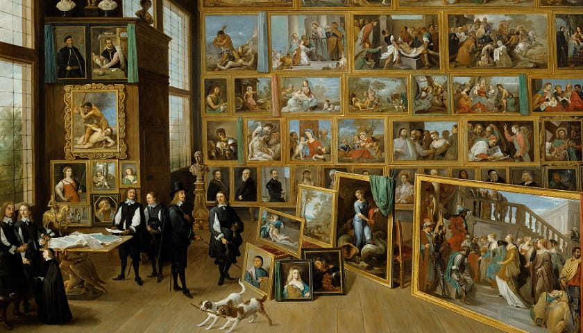 Recorte da obra: "The Gallery of Archduke Leopold Wilhelm in Brussels" (c. 1650), de David Teniers, Filho (–1690).