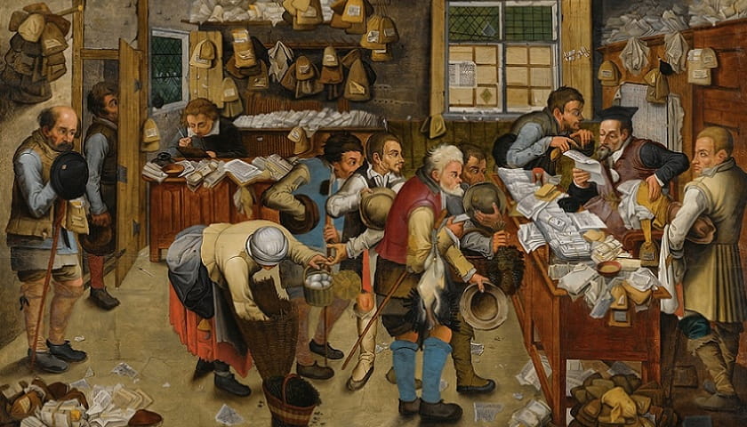 Recorte da obra: "The Village Lawyer’s Office" (1618), de Pieter Brueghel The Younger (1565–1636).