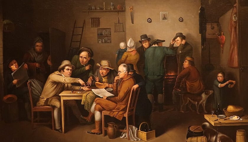 Recorte da obra: "The Village Politicians" (c. 1819), de John L Krimmel (1786–1821).