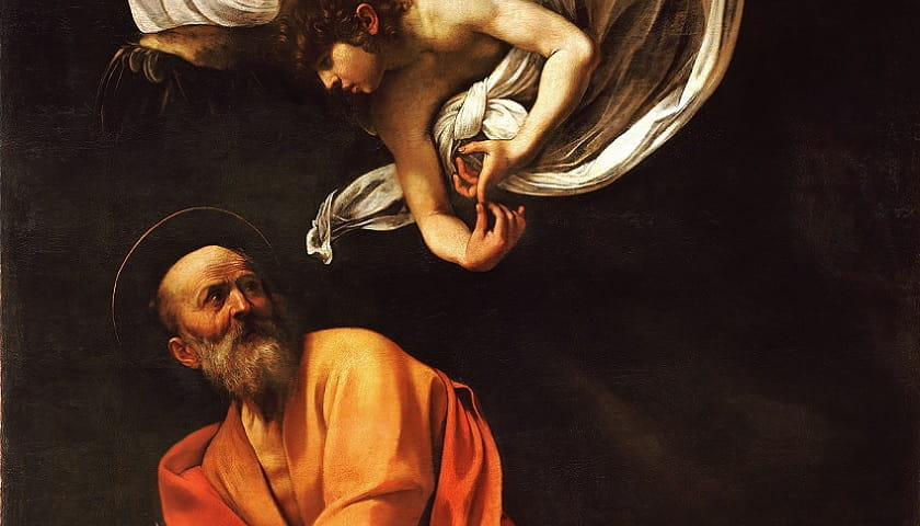 Recorte da obra: "A Inspiração de São Mateus" (1602), de Caravaggio (1571-1610).