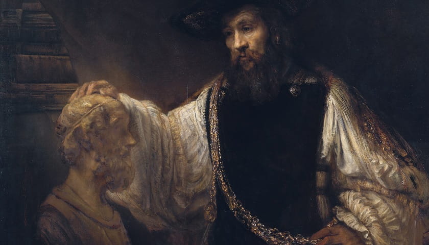 Recorte da obra: "Aristóteles Contemplando o Busto de Homero" (1653), de Rembrandt (1606–1669).