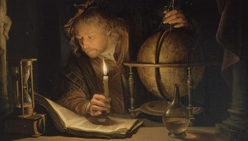 Recorte da obra: "Astrônomo à Luz de Velas" (c. 1656-1659), de Gerrit Dou (1613–1675).
