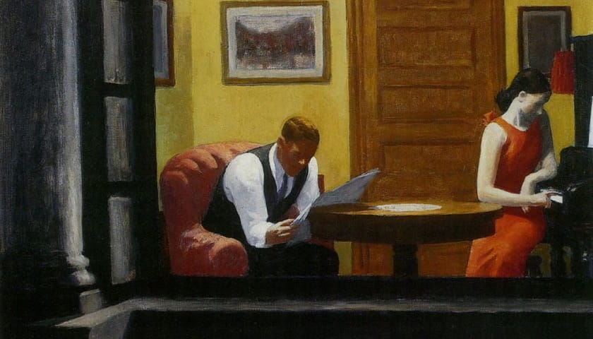 Recorte da obra: "Room in New York" (1932), de Edward Hopper (1882-1967).