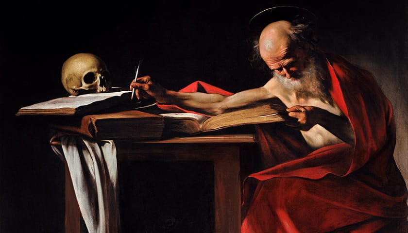 Recorte da obra: "São Jerônimo Escrevendo" (1605-1606), de Caravaggio (1571–1610).