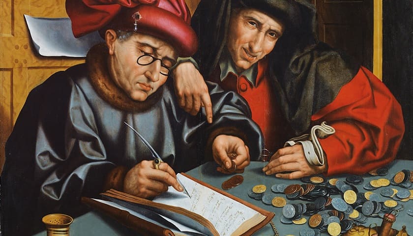 Recorte da obra: "The Money Changers" (c. 1548), por Marinus van Reymerswaele (c. 1490 – c. 1546).