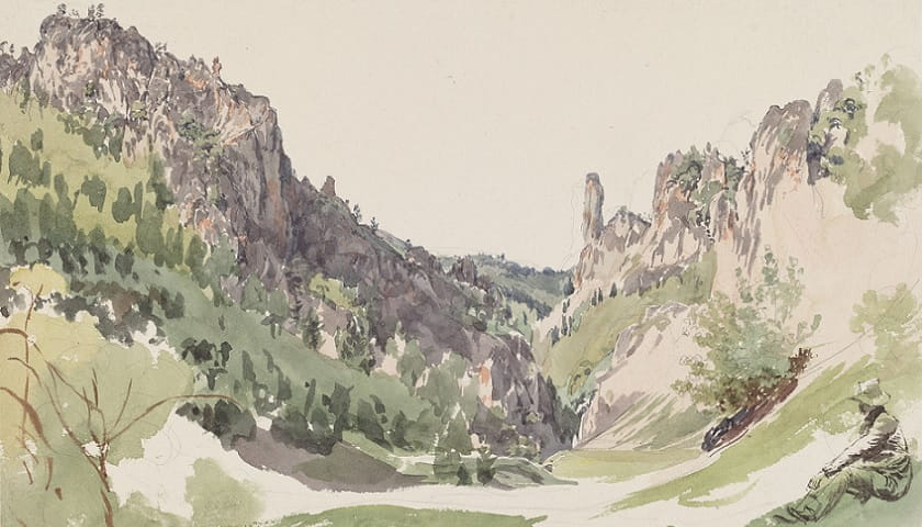 Recorte da obra: "A Seated Man Contemplating a Sunlit Mountain Valley" (c. 1825), de Jakob Alt (1789-1872).