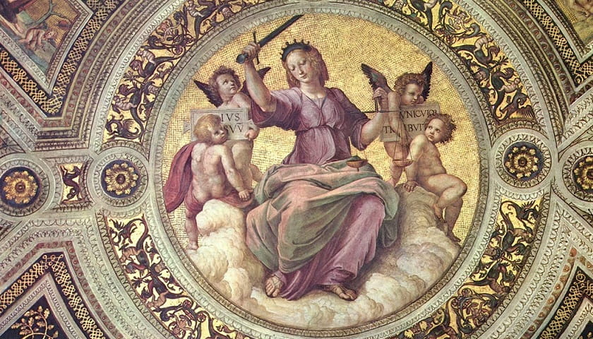 Recorte do afresco A Justiça (Justitia), pintado por Rafael Sanzio por volta de 1511, na Stanza della Segnatura, no Palácio Apostólico, no Vaticano.