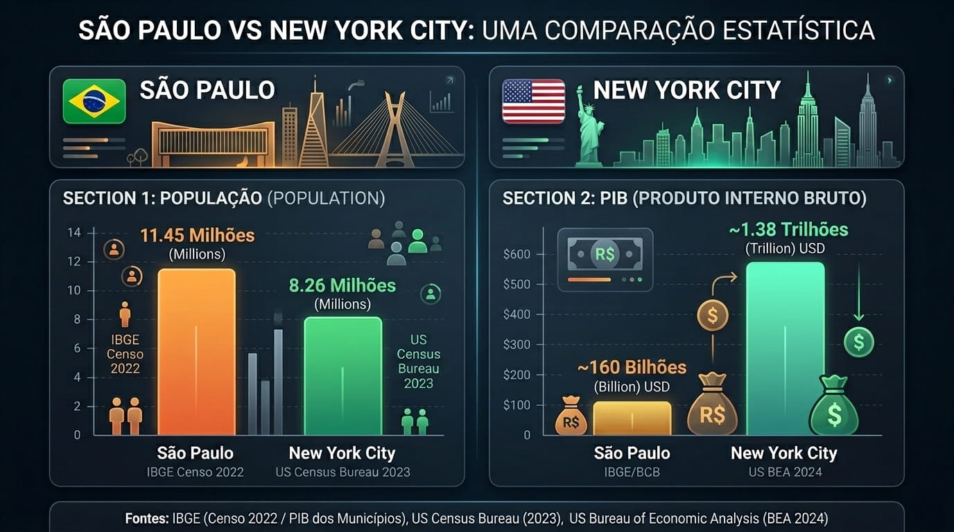 Mais pessoas; menos PIB: A equação econômica entre São Paulo e Nova York.