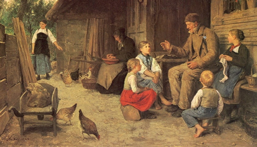 Recorte da obra: "Der Grossvater erzählt eine Geschichte" (1884), de Albert Anker (1831–1910).