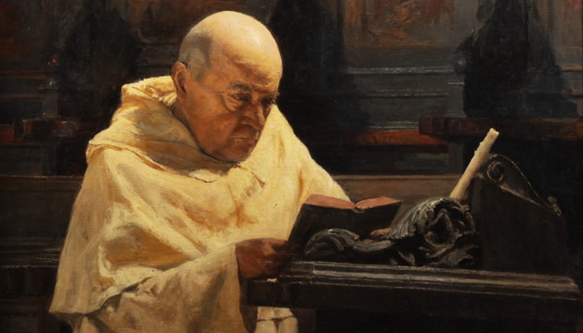 Recorte da obra: "Dominican Friar Reading" (s. d.), de Salvatore Marchesi (1852–1926).