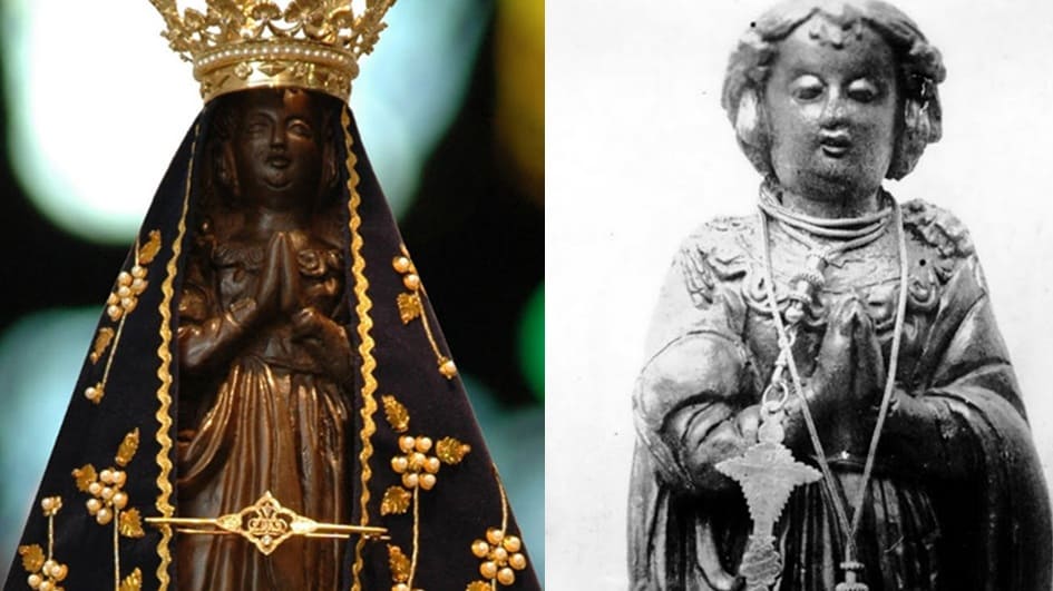 Á direita, a imagem após a restauração com os ornamentos atuais; à esquerda, a aparência original, sem manto e antes de ser quebrada