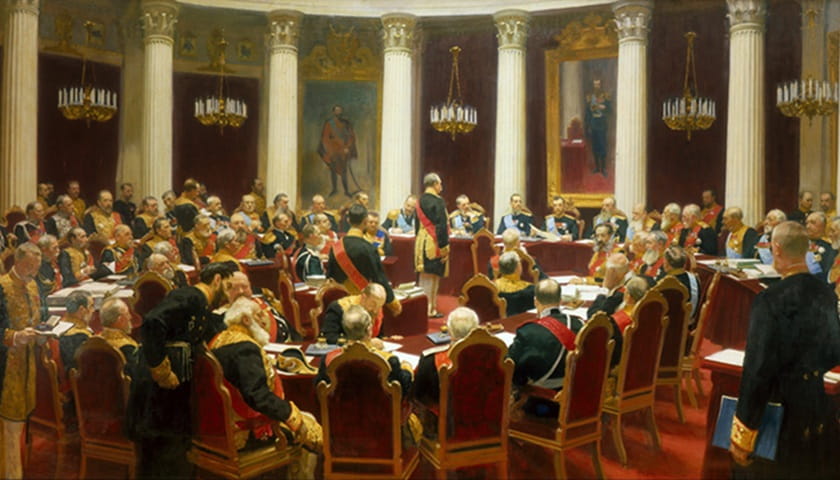 Recorte da obra: "Sessão cerimonial do Conselho de Estado em 7 de maio de 1901 Marcando o Centenário de sua Fundação" (1903), de Ilya Ripyn (1844-1930).